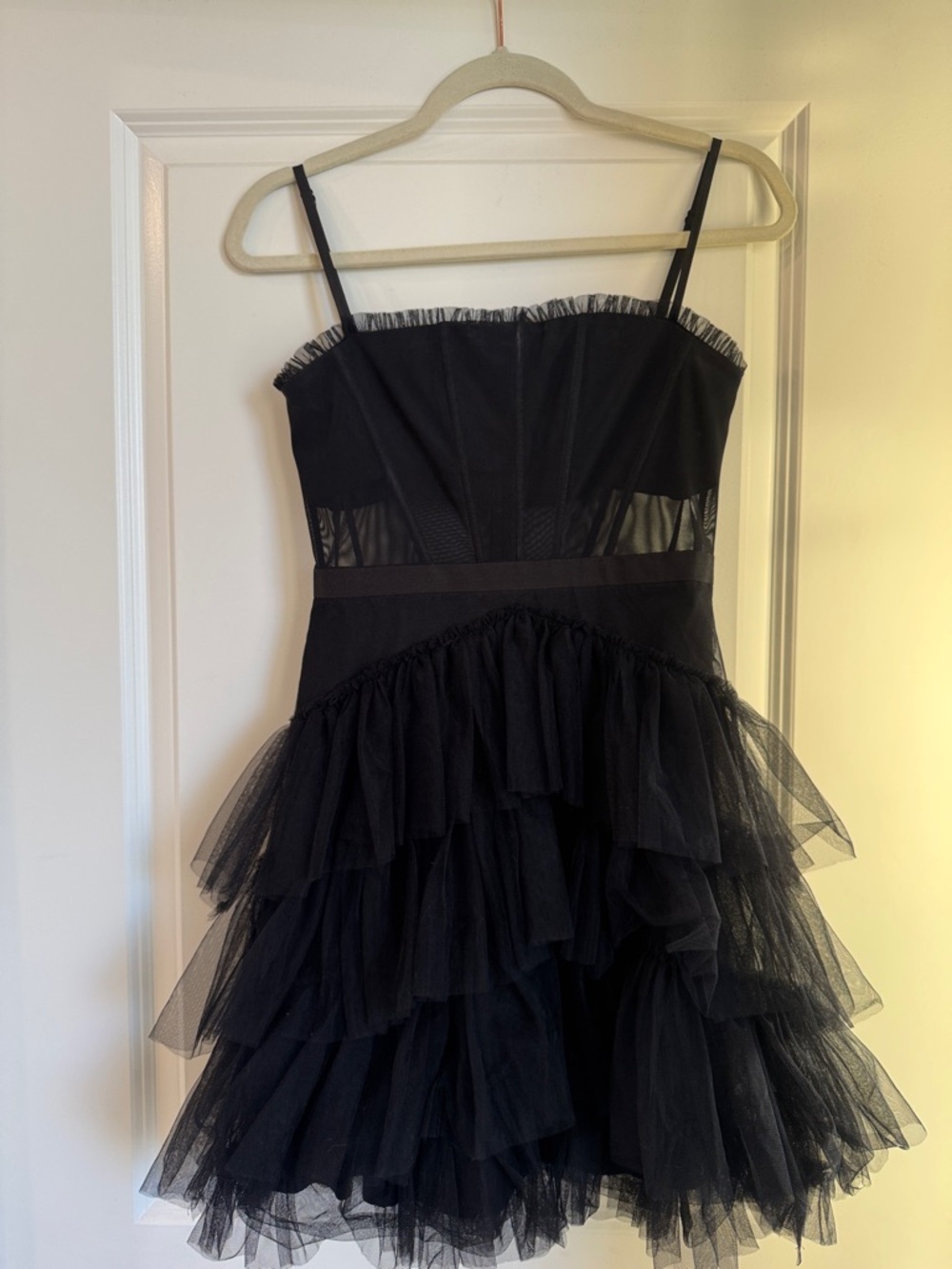 Betsy & Adam Black Evening Dress with Ruffle Detail